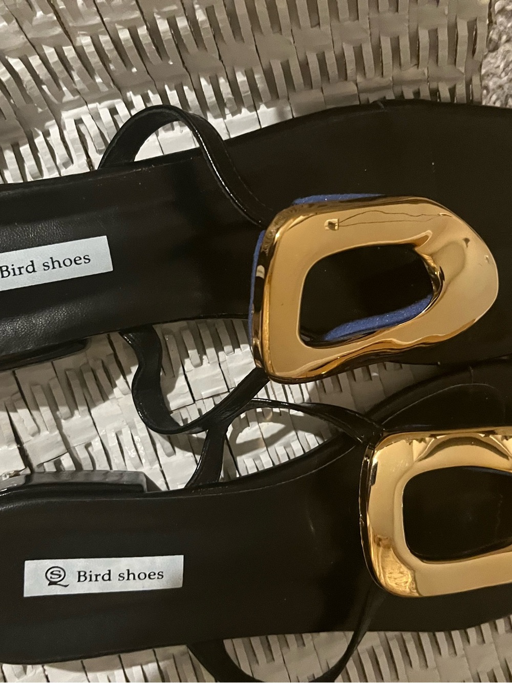Bird Shoes Black Sandals with Gold Buckle Accent